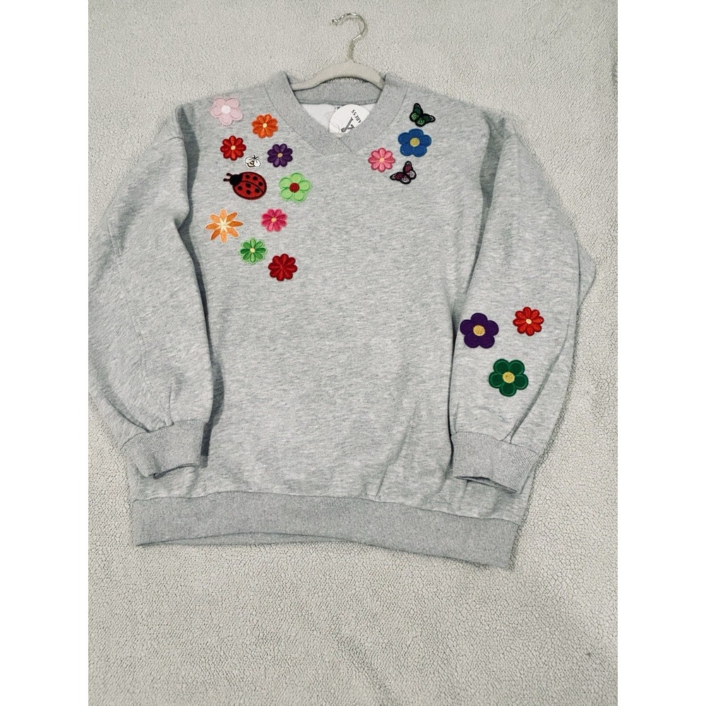 Anrabess Fleece V Neck Sweatshirt Flower Applique Cottage Boho Floral Medium NWT